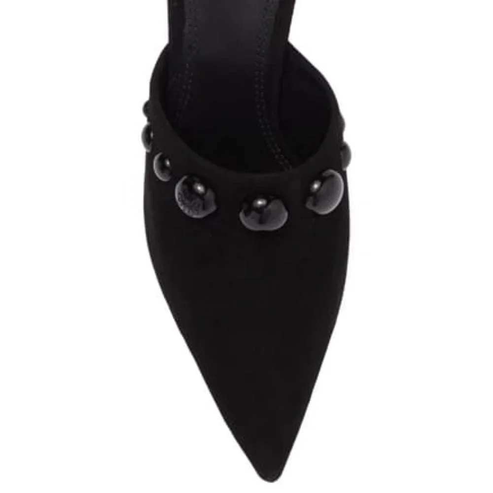 Tory Burch Black Suede Pointed Mule Heels with Stud Accents